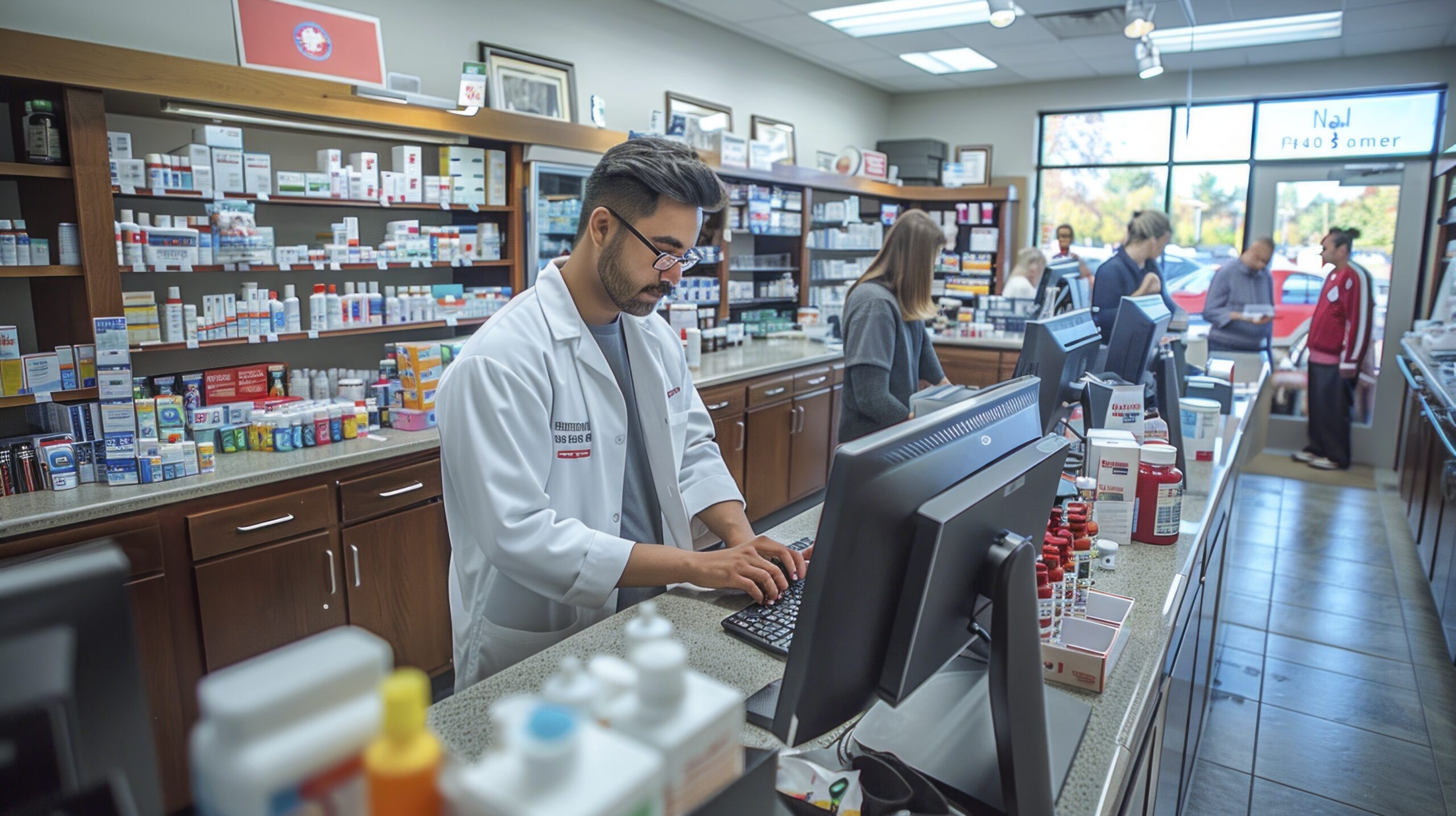 Ultra-wide-angle aerial photography of a male pharmacist from Canada preparing a prescription in a bustling local pharmacy with a modern design. The scene captures the busy environment and organization. Realistic and cinematic. Award-winning photography. Advertising photography. Commercial photography. --chaos 13 --ar 16:9 --style raw --stylize 300 Job ID: d59172c5-a2fc-460e-86ff-b946fd5864d4